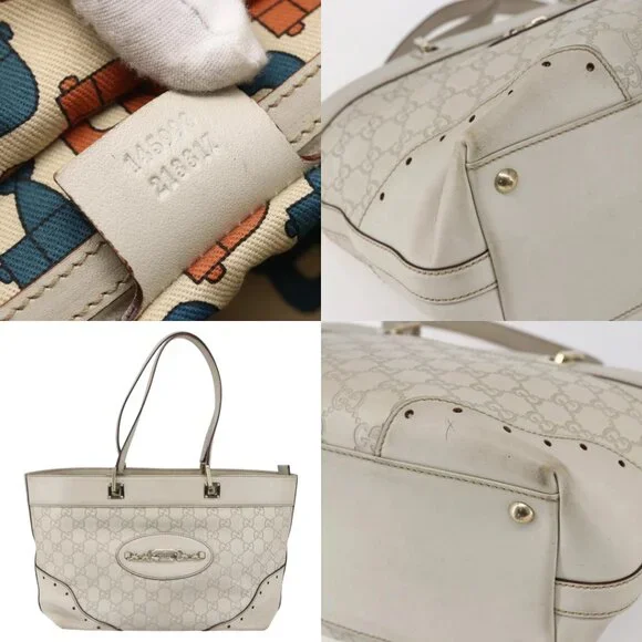 GUCCI GG Canvas Guccissima Tote Bag Leather Ivory Gold 145998 Auth 154640